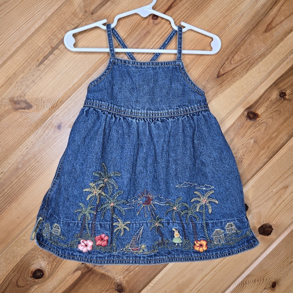 Y2K Gymboree '03 Little Hula Girls Embroidered Denim Dress Size 3/4